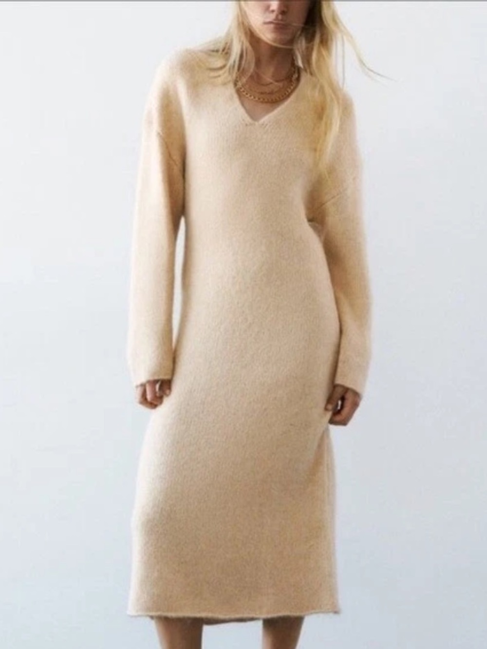 ZARA SAND KNIT LONG SLEEVE V NECK MIDI DRESS SZ M